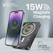 Promate Magnetic Wireless Power Bank, 10000mAh 15W Transparent Battery Pack with 20W, Black
