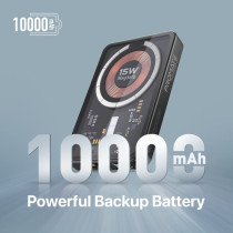 Promate Magnetic Wireless Power Bank, 10000mAh 15W Transparent Battery Pack with 20W, Black