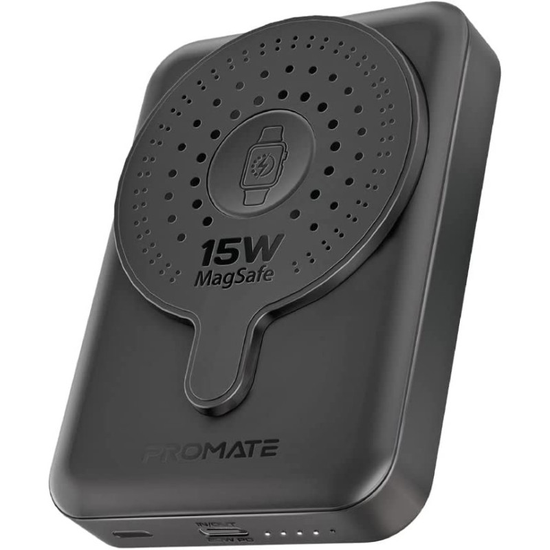 Promate Magnetic Wireless Power Bank, Portable 10000mAh 15W Wireless Dual Magnetic and Apple Watch Charger, Black