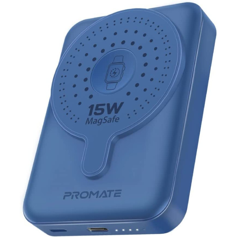Promate Magnetic Wireless Power Bank, Portable 10000mAh 15W Wireless Dual Magnetic and Apple Watch Charger, Blue