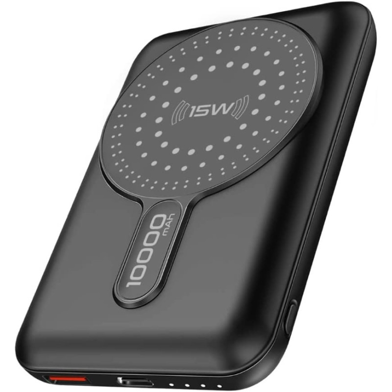 Promate Magnetic Wireless Power Bank, 10000mAh 15W Qi Wireless Mag-Safe Battery Pack with 20W USB-C Power Delivery Port, Black