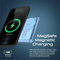 Promate Magnetic Wireless Power Bank, 10000mAh 15W Qi Wireless Mag-Safe Battery Pack with 20W USB-C Power Delivery Port, Blue