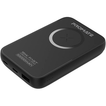 Promate 10000mAh Magnetic Wireless Power Bank, Fast Charging 15W Mag-Safe Battery Charger, 20W USB-C Power Delivery, Black