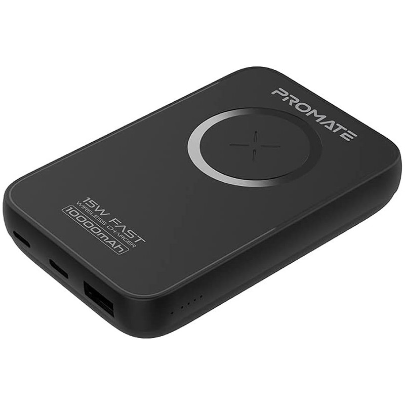 Promate 10000mAh Magnetic Wireless Power Bank, Fast Charging 15W Mag-Safe Battery Charger, 20W USB-C Power Delivery, Black