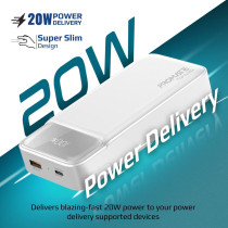 Promate Power Bank, Universal 20000mAh Ultra-Slim Portable Charger with 20W USB-C Power Delivery Port, White