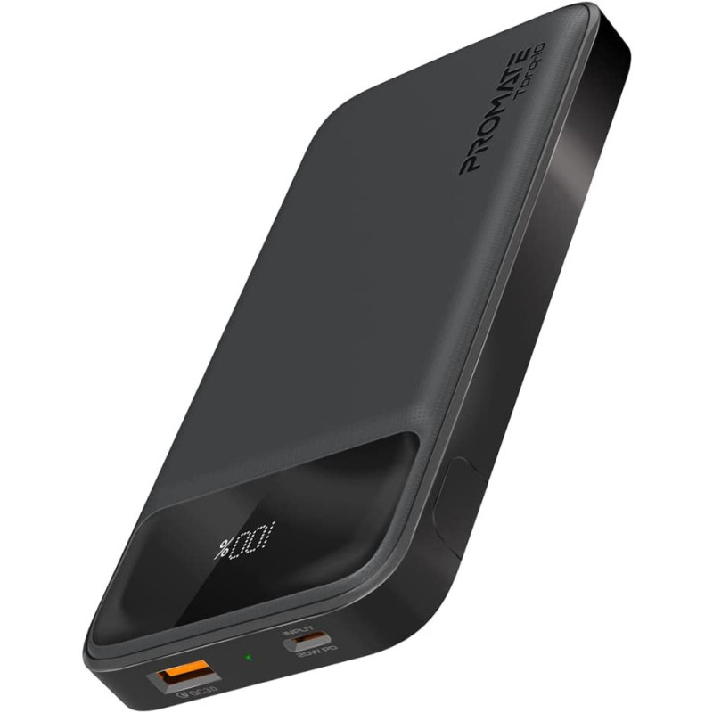 Promate Power Bank, Universal 10000mAh Ultra-Slim Portable Charger with 20W USB-C Power Delivery Port, Torq-10 Black