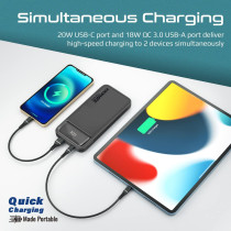 Promate Power Bank, Universal 10000mAh Ultra-Slim Portable Charger with 20W USB-C Power Delivery Port, Torq-10 Black