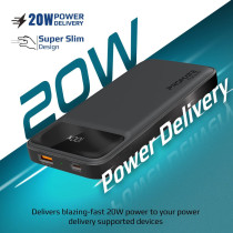 Promate Power Bank, Universal 10000mAh Ultra-Slim Portable Charger with 20W USB-C Power Delivery Port, Torq-10 Black