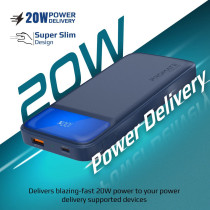 Promate Power Bank, Universal 10000mAh Ultra-Slim Portable Charger with 20W USB-C Power Delivery Port, Torq-10 Navy