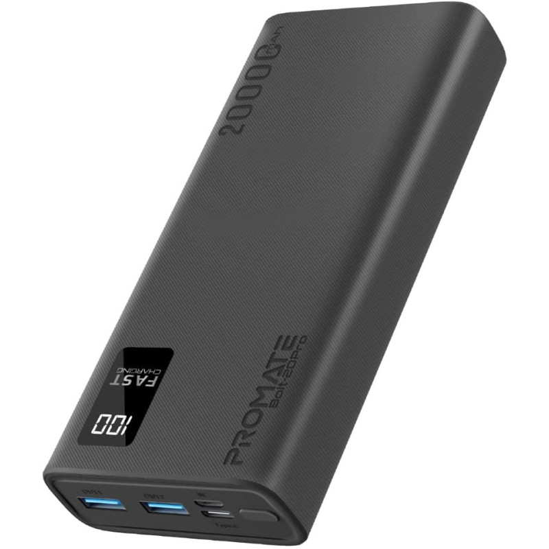 Promate Portable Charger, High-Capacity 20000Mah Slim Power Bank with Dual USB Ports, Bolt-20Pro-Black