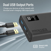 Promate Portable Charger, High-Capacity 20000Mah Slim Power Bank with Dual USB Ports, Bolt-20Pro-Black