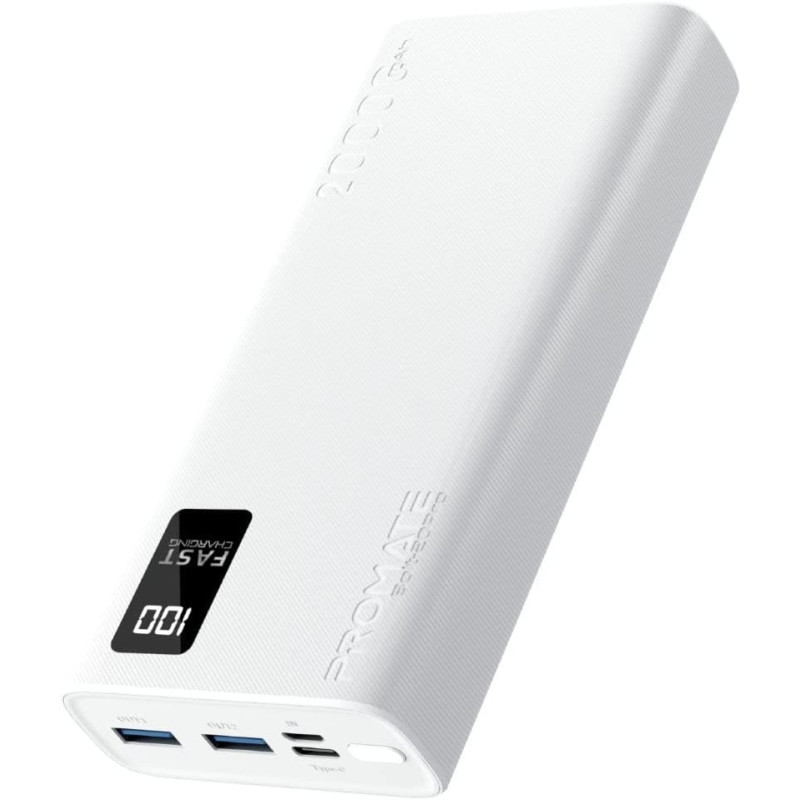 Promate Portable Charger, High-Capacity 20000Mah Slim Power Bank with Dual USB Ports, Bolt-20Pro-White