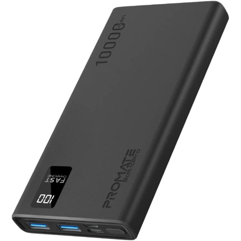 Promate Power Bank, Universal 10000mAh Ultra-Slim Portable Charger, 10W USB-C Input/Output Port, Bolt-10Pro - Black