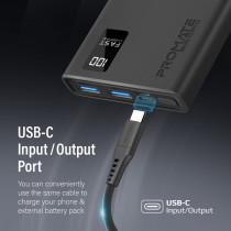 Promate Power Bank, Universal 10000mAh Ultra-Slim Portable Charger, 10W USB-C Input/Output Port, Bolt-10Pro - Black