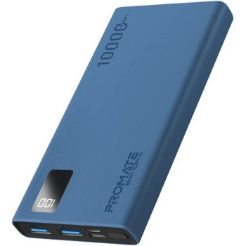 Promate Power Bank, Universal 10000mAh Ultra-Slim Portable Charger, 10W USB-C Input/Output Port, Bolt-10Pro - Blue