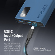 Promate Power Bank, Universal 10000mAh Ultra-Slim Portable Charger, 10W USB-C Input/Output Port, Bolt-10Pro - Blue