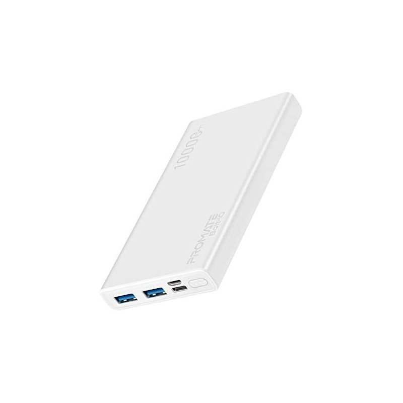 Promate 10000mAh Portable Charger, Fast Charging 2.0A Dual USB Premium Battery Power Bank with Input, Bolt-10 (White)