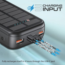 Promate Solar Power Bank, Portable 20000mAh Battery Charger with Built-in 5V/2.1A USB-C and Lightning Cables