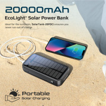 Promate Solar Power Bank, Portable 20000mAh Battery Charger with Built-in 5V/2.1A USB-C and Lightning Cables