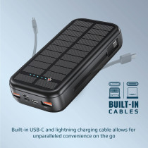 Promate Solar Power Bank, Portable 20000mAh Battery Charger with Built-in 5V/2.1A USB-C and Lightning Cables