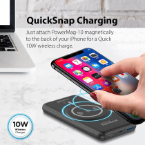 Promate Magnetic Wireless Power Bank, 10000mAh Magnetic 10W Qi Wireless Mag-Safe Battery Pack with 20W, Black