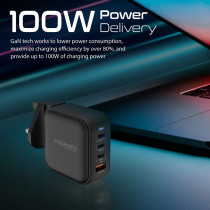 Promate GaN USB-C Charger, 100W GaN Technology Fast Dual Type-C Power Delivery Laptop Charger