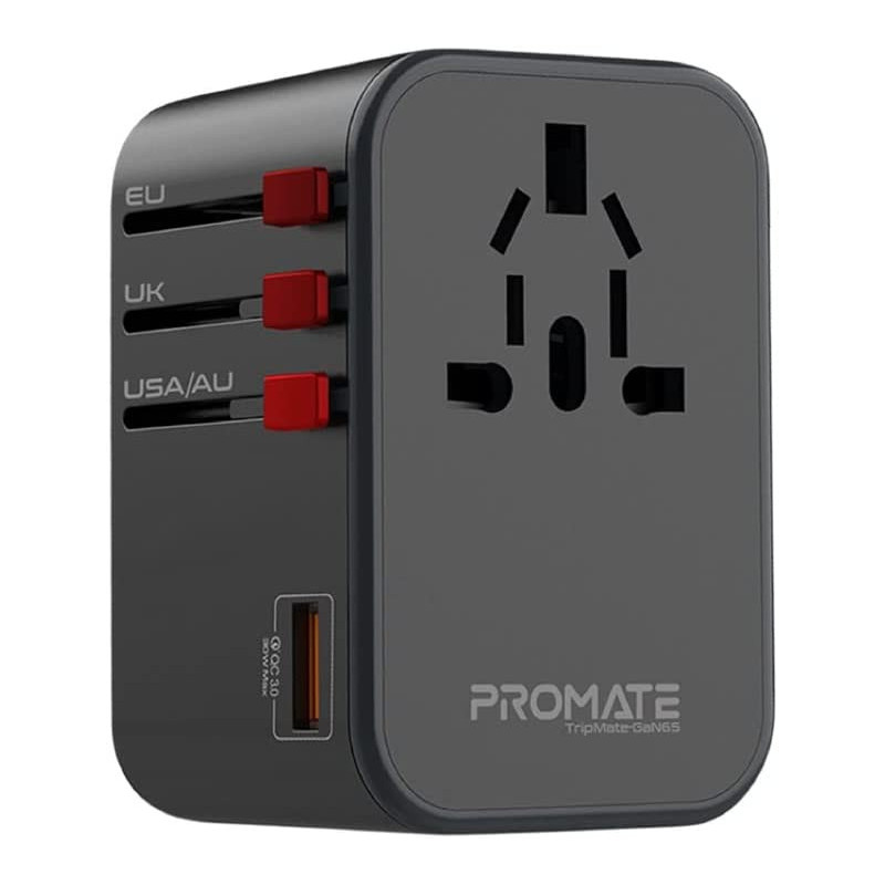 Promate Travel Adapter, Universal GaN Charge Adapter with 1840W AC Socket, TripMate-GaN65