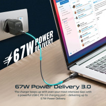 Promate USB-C GaN Charger, Worlds Smallest Type-C Chargeable Laptop Adapter With Fast 67W Power Delivery