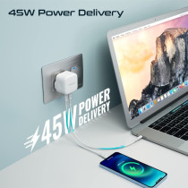 Promate GaN USB-C Charger, Ultra-Compact 45W USB-C Power Delivery Wall Charger