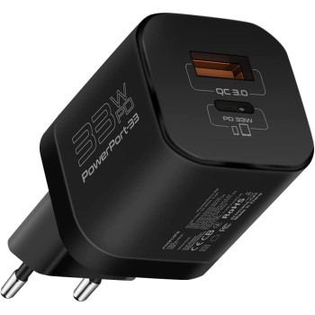 Promate GaN USB-C Charger, Ultra-Compact 33W USB-C Power Delivery Wall Charger with Fast 22.5W QC 3.0 Charging Port