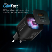 Promate GaN USB-C Charger, Ultra-Compact 33W USB-C Power Delivery Wall Charger with Fast 22.5W QC 3.0 Charging Port