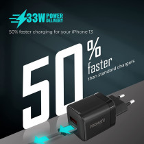 Promate GaN USB-C Charger, Ultra-Compact 33W USB-C Power Delivery Wall Charger with Fast 22.5W QC 3.0 Charging Port