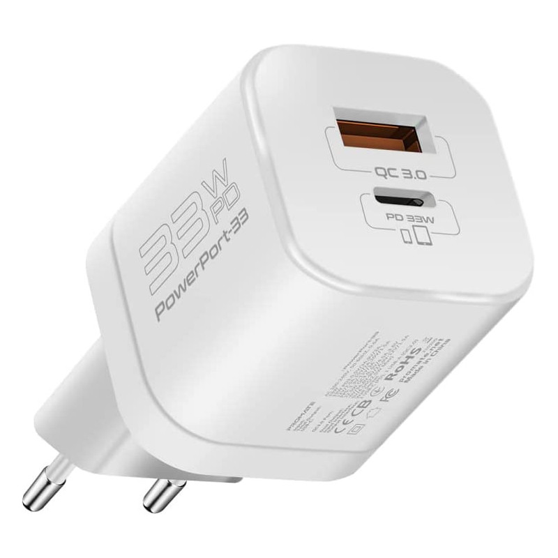 Promate GaN USB-C Charger, Ultra-Compact 33W USB-C Power Delivery Wall Charger, Black