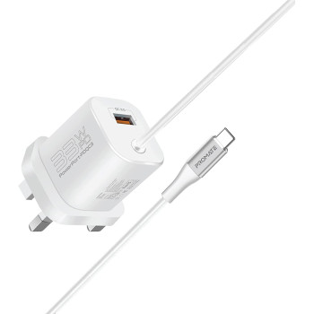 Promate USB-C Charger, Premium 33W Power Delivery Wall Adapter with 22.5W, White