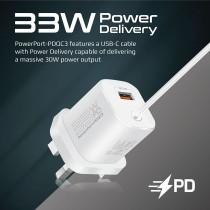 Promate USB-C Charger, Premium 33W Power Delivery Wall Adapter with 22.5W, White