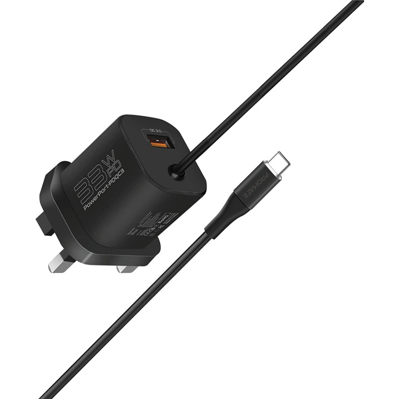 Promate USB-C Charger, Premium 33W Power Delivery Wall Adapter with 22.5W, Black