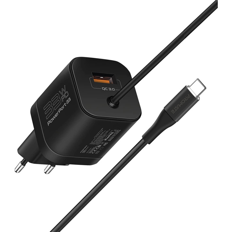 Promate USB-C Charger, Premium 33W Power Delivery Wall Adapter with 22.5W Quick Charge 3.0 Port, Black