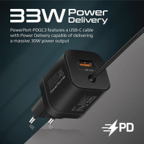 Promate USB-C Charger, Premium 33W Power Delivery Wall Adapter with 22.5W Quick Charge 3.0 Port, Black