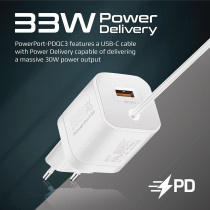 Promate USB-C Charger, Premium 33W Power Delivery Wall Adapter with 22.5W Quick Charge 3.0 Port, White