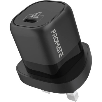 Promate GaN USB-C Charger, Ultra-Compact USB-C Wall Charger with Fast-Charging USB-C 25W, Black