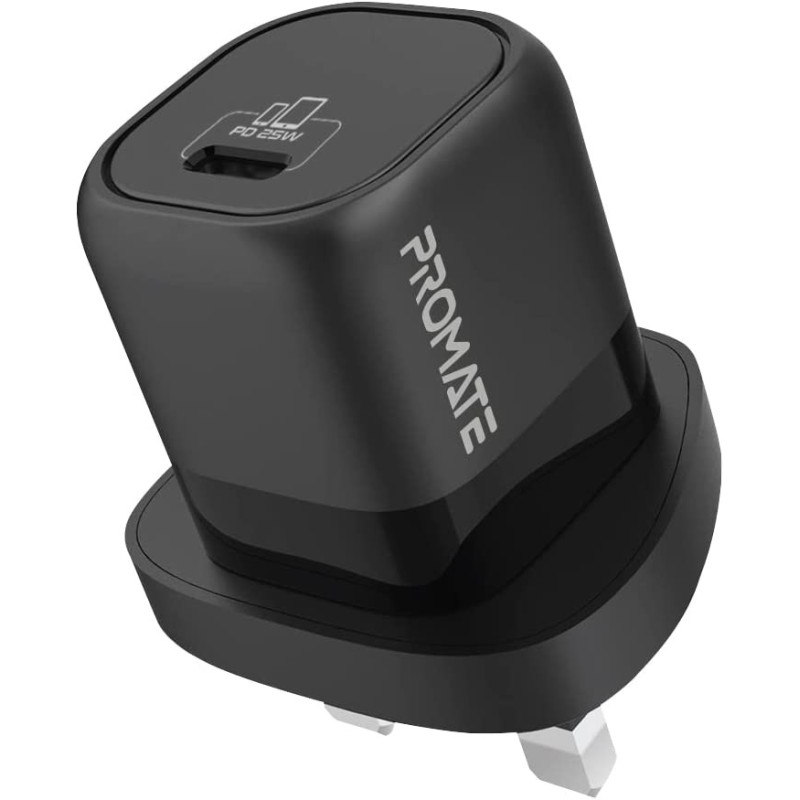 Promate GaN USB-C Charger, Ultra-Compact USB-C Wall Charger with Fast-Charging USB-C 25W, Black