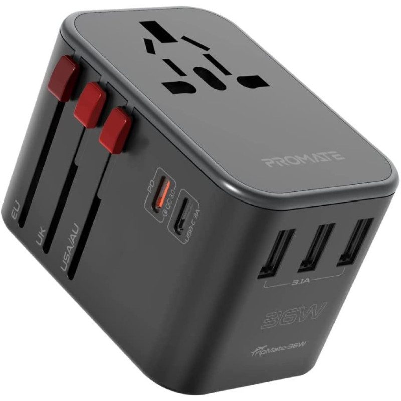 Promate Travel Adapter, Universal Grounded Power Adapter with 1840W AC Socket