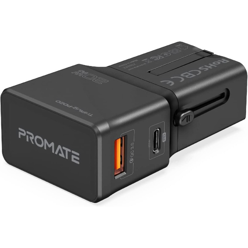 Promate International Travel Adapter with Type-C 20W PD Port, QC 3.0, TriPlug-PD20 Black