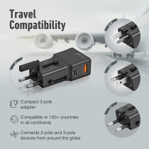 Promate International Travel Adapter with Type-C 20W PD Port, QC 3.0, TriPlug-PD20 Black