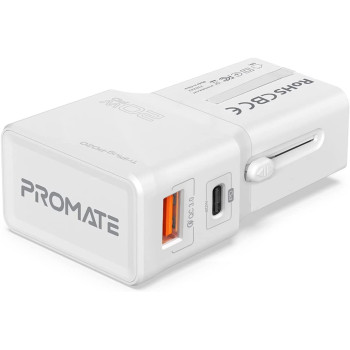Promate Travel Adapter, All-In-One Charger with 20W Fast USB-C Charging Port, White