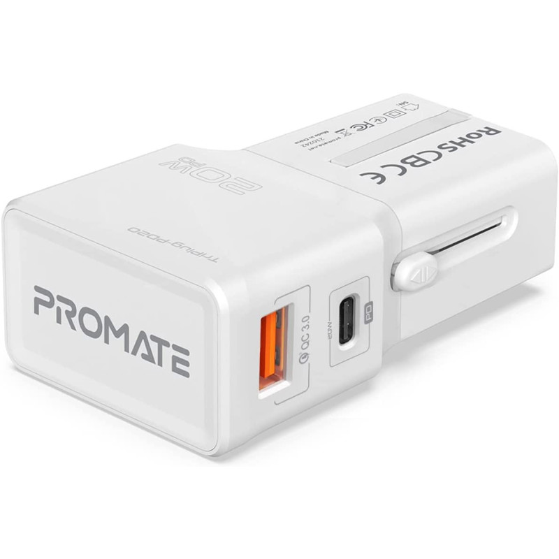 Promate Travel Adapter, All-In-One Charger with 20W Fast USB-C Charging Port, White