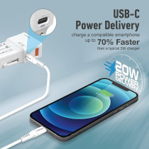 Promate Travel Adapter, All-In-One Charger with 20W Fast USB-C Charging Port, White