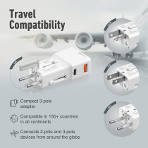 Promate Travel Adapter, All-In-One Charger with 20W Fast USB-C Charging Port, White