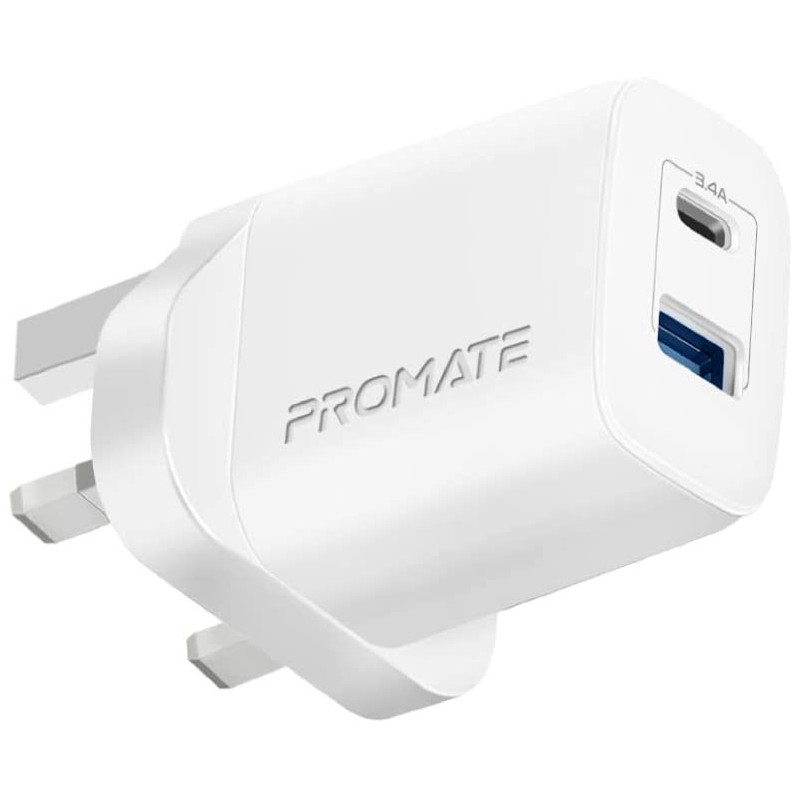 Promate USB-C Adapter, Universal 17W Multi-Port Wall Charger with 5V/3A Type-C Port, White