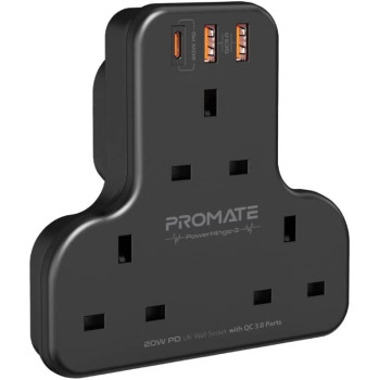 Promate Power Strip, 6-in-1 multi-Plug Wall Mounted Power Extension with 3250W 3 AC Outlets, Black